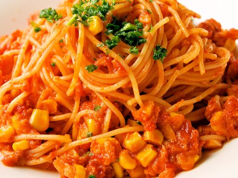 シーチキンとコーンの簡単トマトスパゲッティ♪